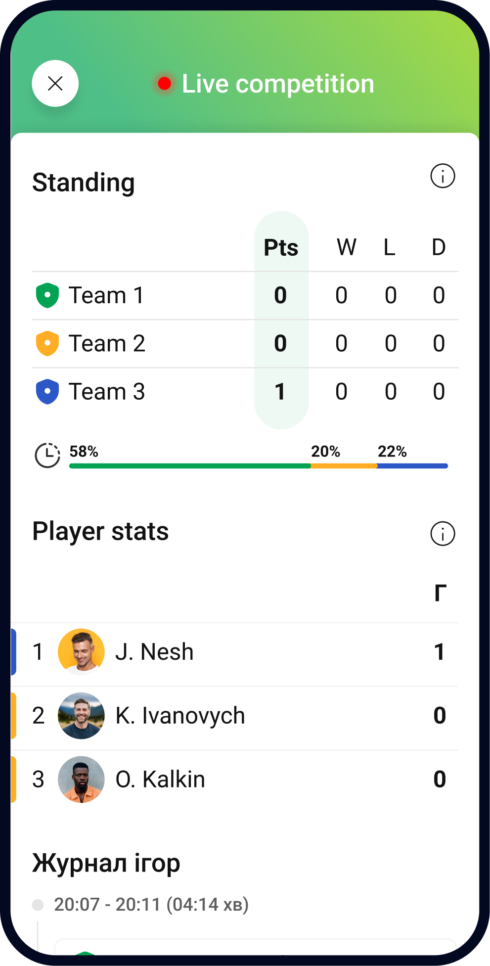 Teamplay app preview showing a football mini-tournament league table on a mobile screen