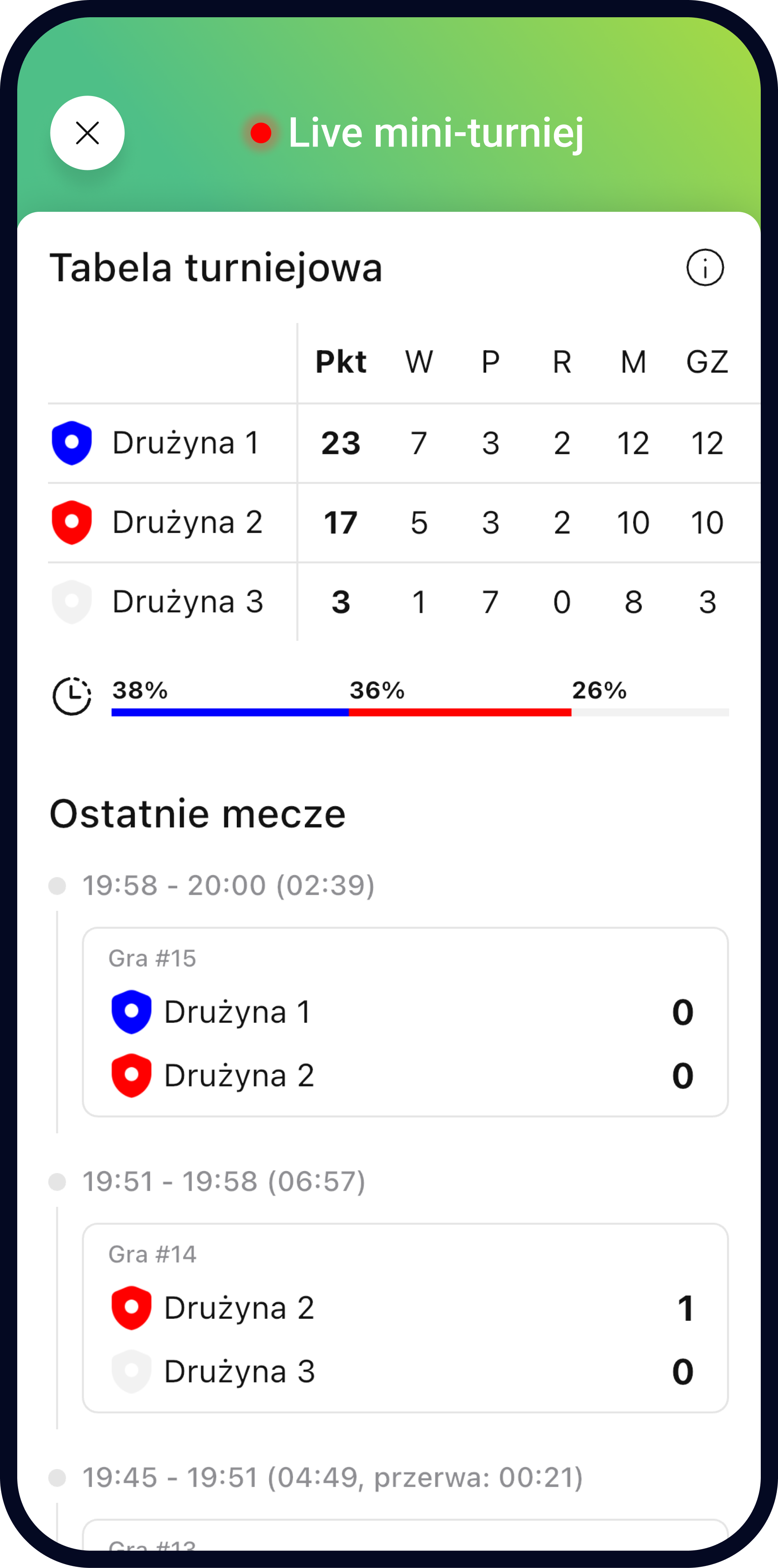Ekrany aplikacji Teamplay przedstawiające tabelę turniejową i statystyki meczu